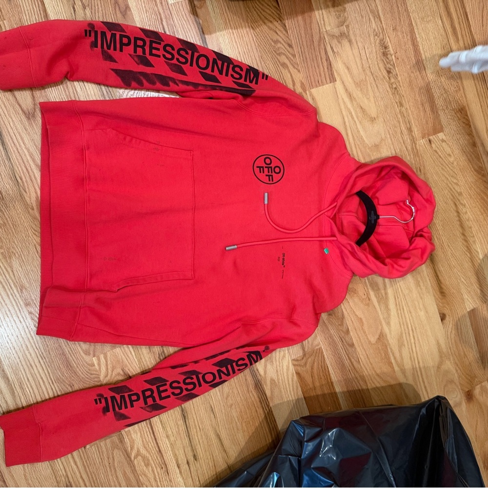 Off-White Red Hoodie with Black Graphics